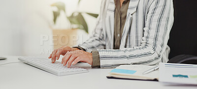 Computer, hands and business with woman, keyboard and typing for email and company website news. Person, consultant and agent with pc and notebook for planning and schedule with internet and tech