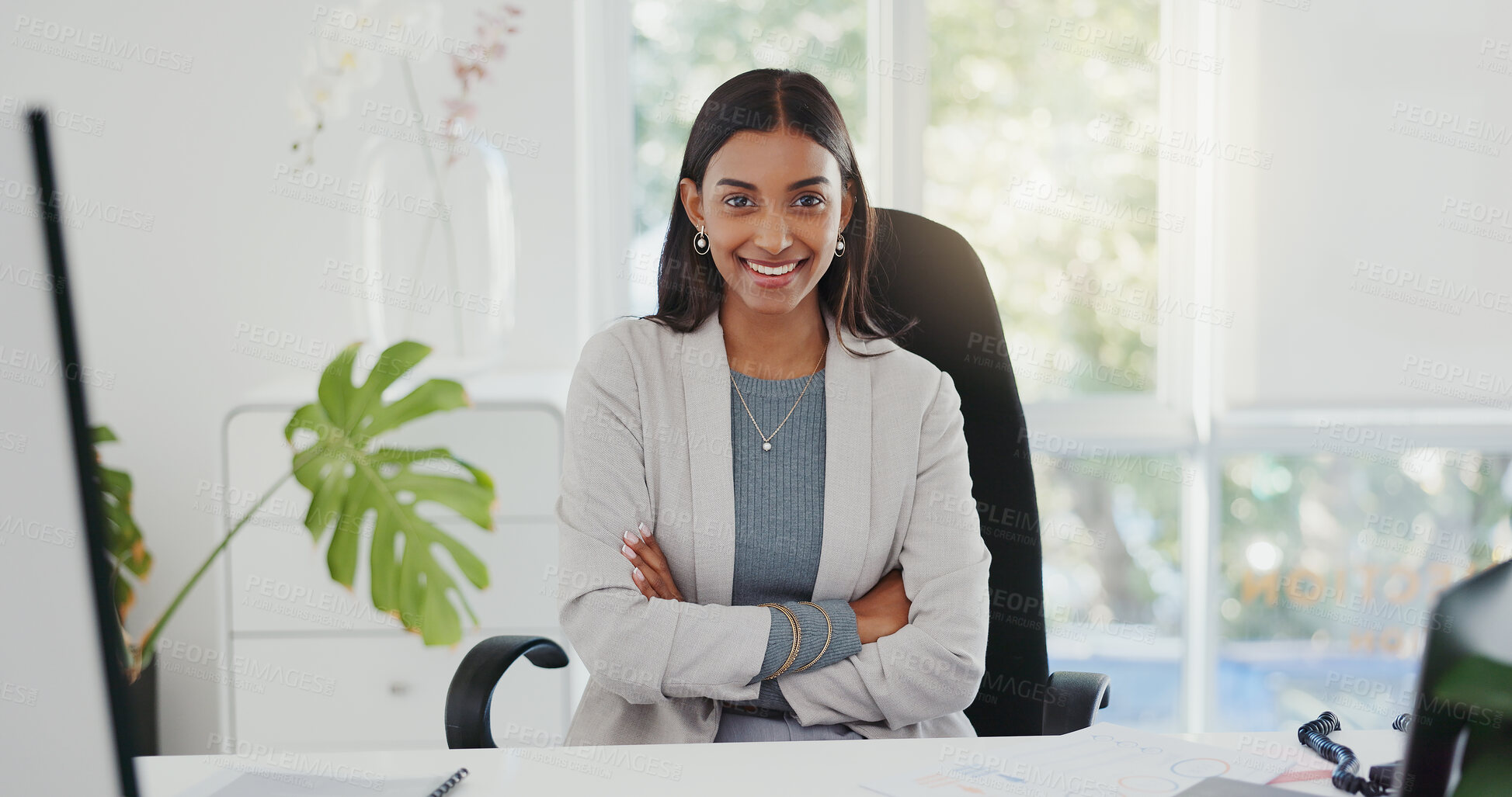 Buy stock photo Face, pride and a woman with arms crossed in an office for a corporate job and working as an advocate. Smile, justice and portrait of a female lawyer with confidence in a legal career as an attorney