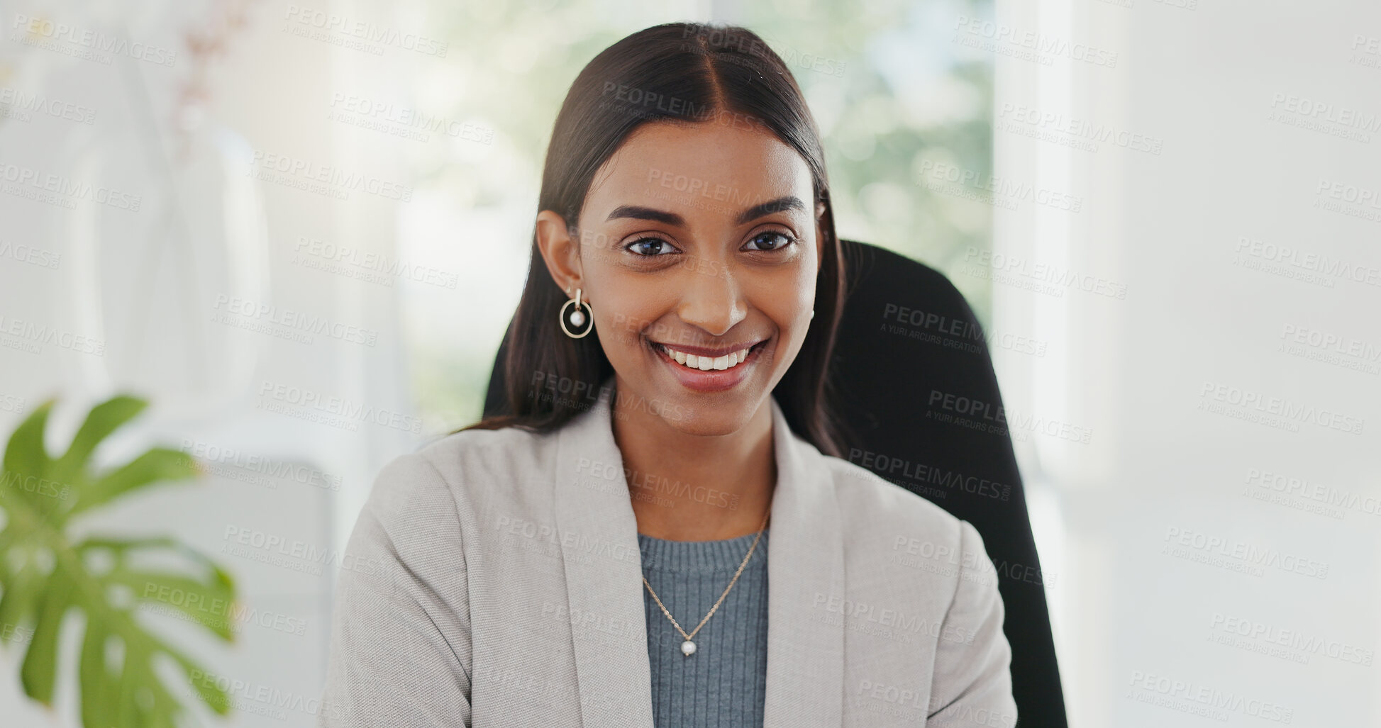 Buy stock photo Happy business woman, office and accountant smile for career ambition, secretary or financial advisor. Face portrait of female person in pride for accounting job, Helpdesk or success at the workplace