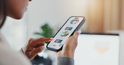 Woman, phone and scroll with online shopping, food and choice for deal, promo or sale for lunch in workplace. Hands, smartphone and click for e commerce, restaurant app or sushi menu on web in office