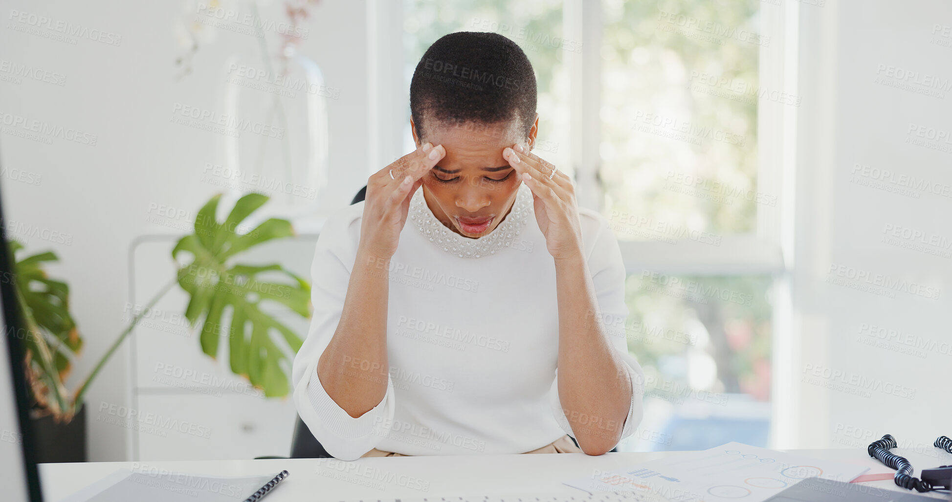 Buy stock photo Headache, stress and business woman in office with crisis, problem and working on deadline at desk. Corporate, burnout and female worker with hands on head for frustrated, stressed out and anxiety