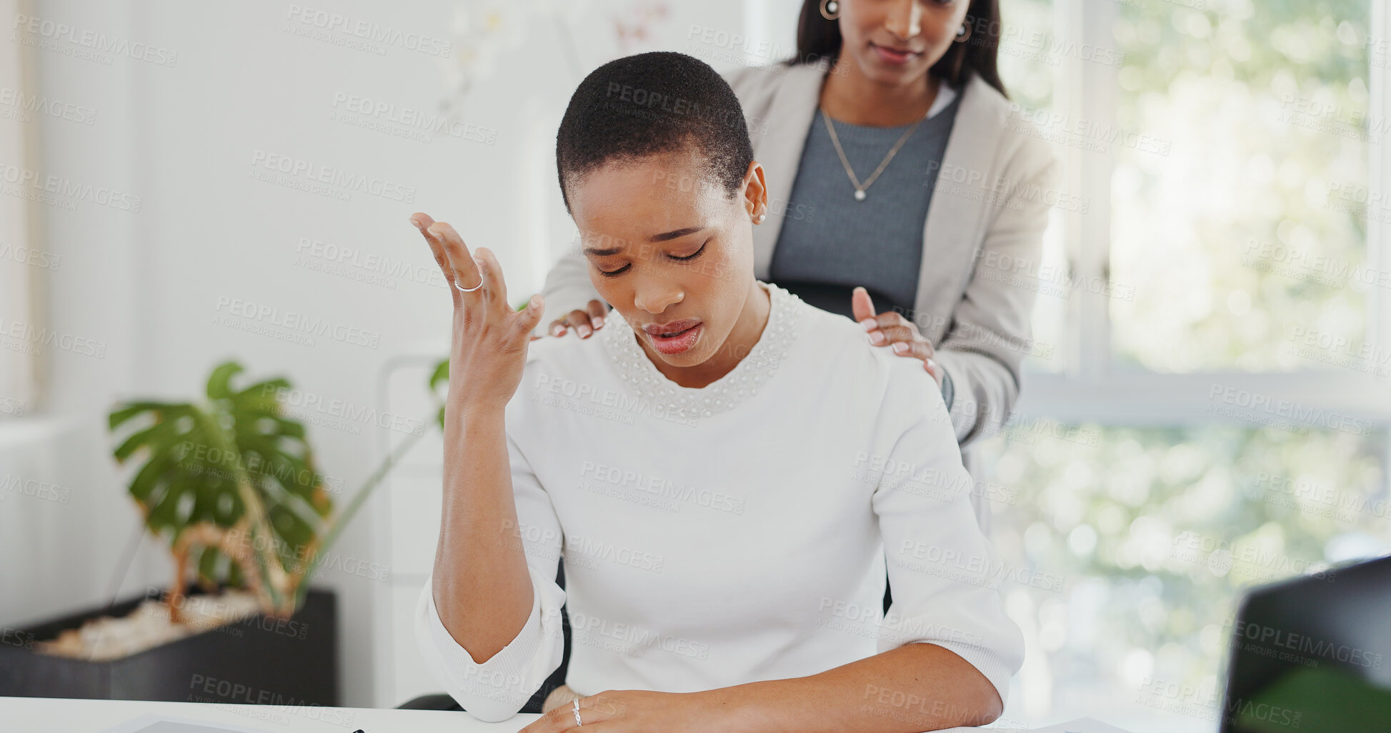 Buy stock photo Empathy, anxiety and friends with black woman in office for stress, pain and support. Burnout, mental health and tired with female employee and migraine in agency for frustrated, sad and fatigue