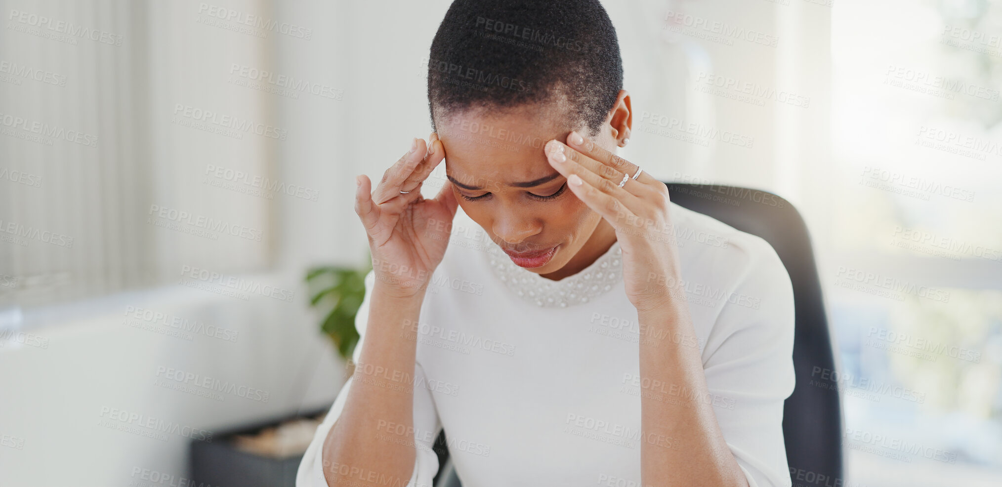 Buy stock photo Headache, stress and business with black woman in office for anxiety, pain and pressure. Burnout, mental health and tired with female employee and migraine in agency for frustrated, sad and fatigue