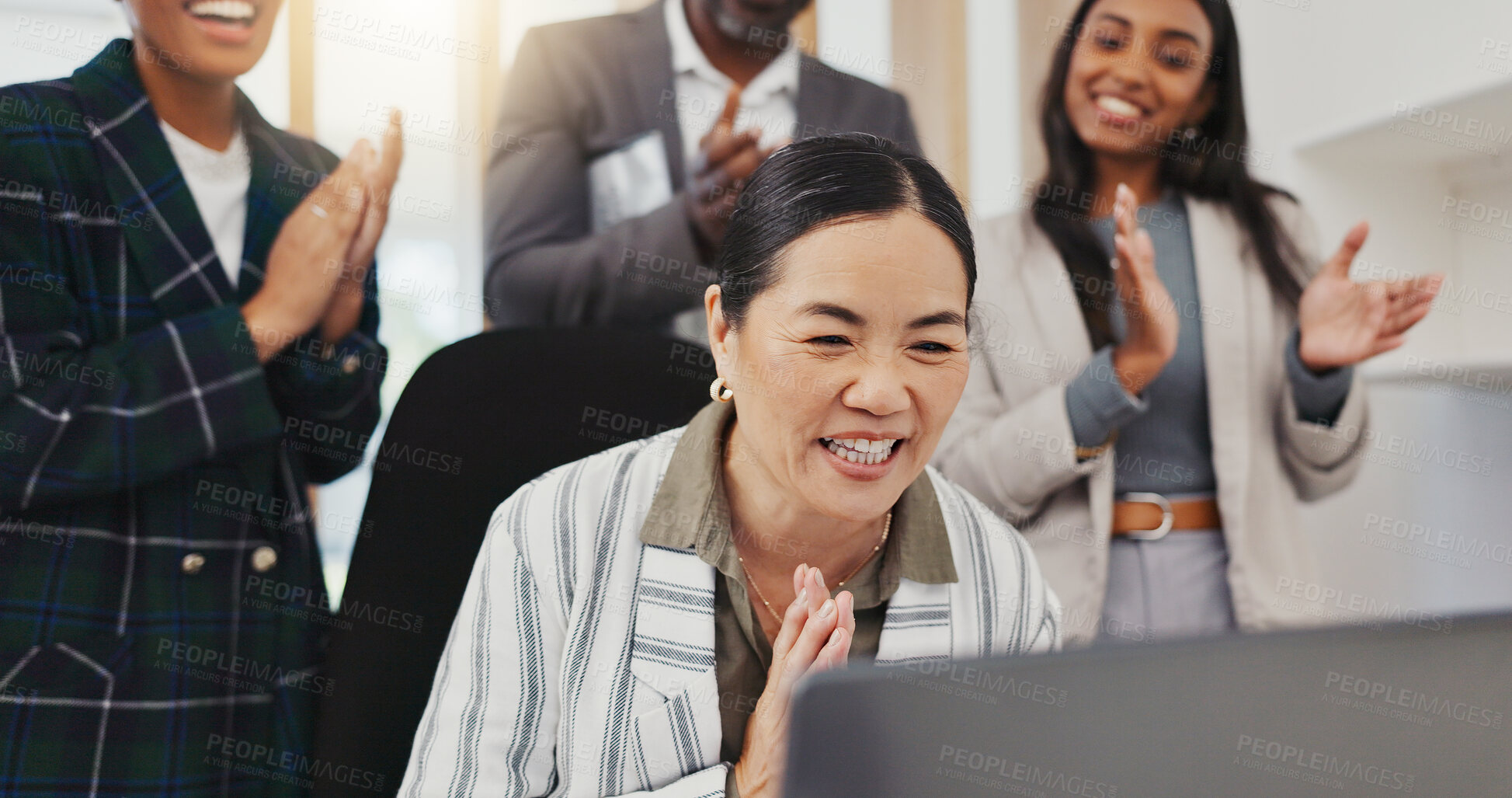 Buy stock photo Laptop, happy woman and business people applause, celebration and excited for achievement, winner or success. Group cheers, diversity and team clapping for designer promotion, news or congratulations