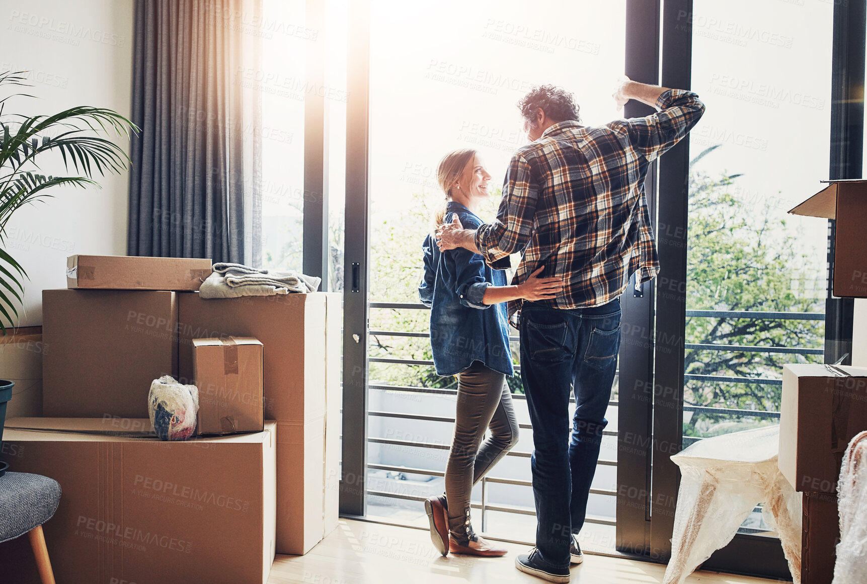 Buy stock photo Box, packing and view with couple at door of new home together for property or real estate investment. Love, proud or smile with man and woman moving in at apartment for growth, mortgage or rent