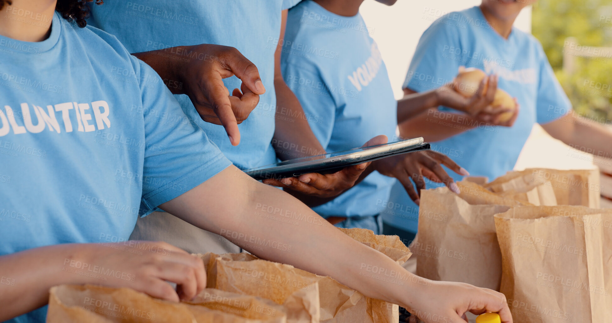 Buy stock photo Volunteer, hands and team with tablet for food donation, community service and poverty support with NGO checklist. Nonprofit manager, teamwork and groceries bag for distribution or charity project