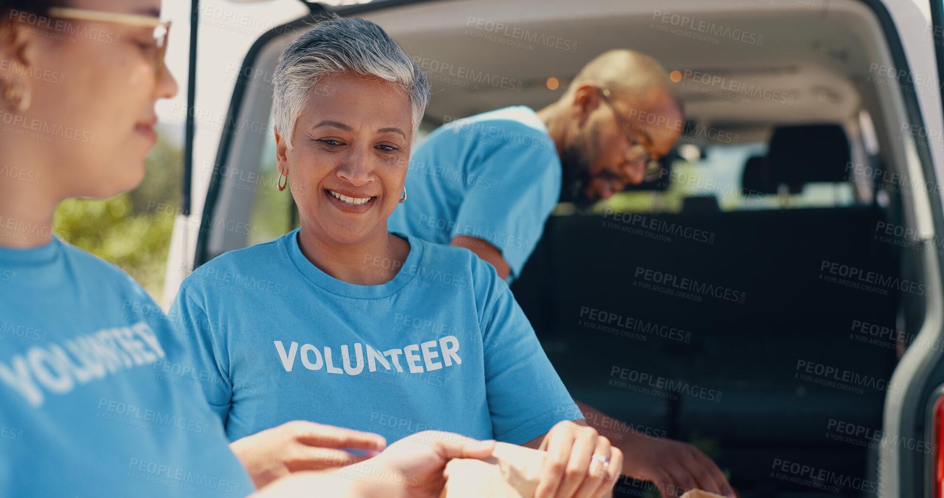 Buy stock photo Volunteer, donation and people with food package for charity event, teamwork and community programme. Collaboration, volunteering and men and women with van for parcel, bags and grocery distribution