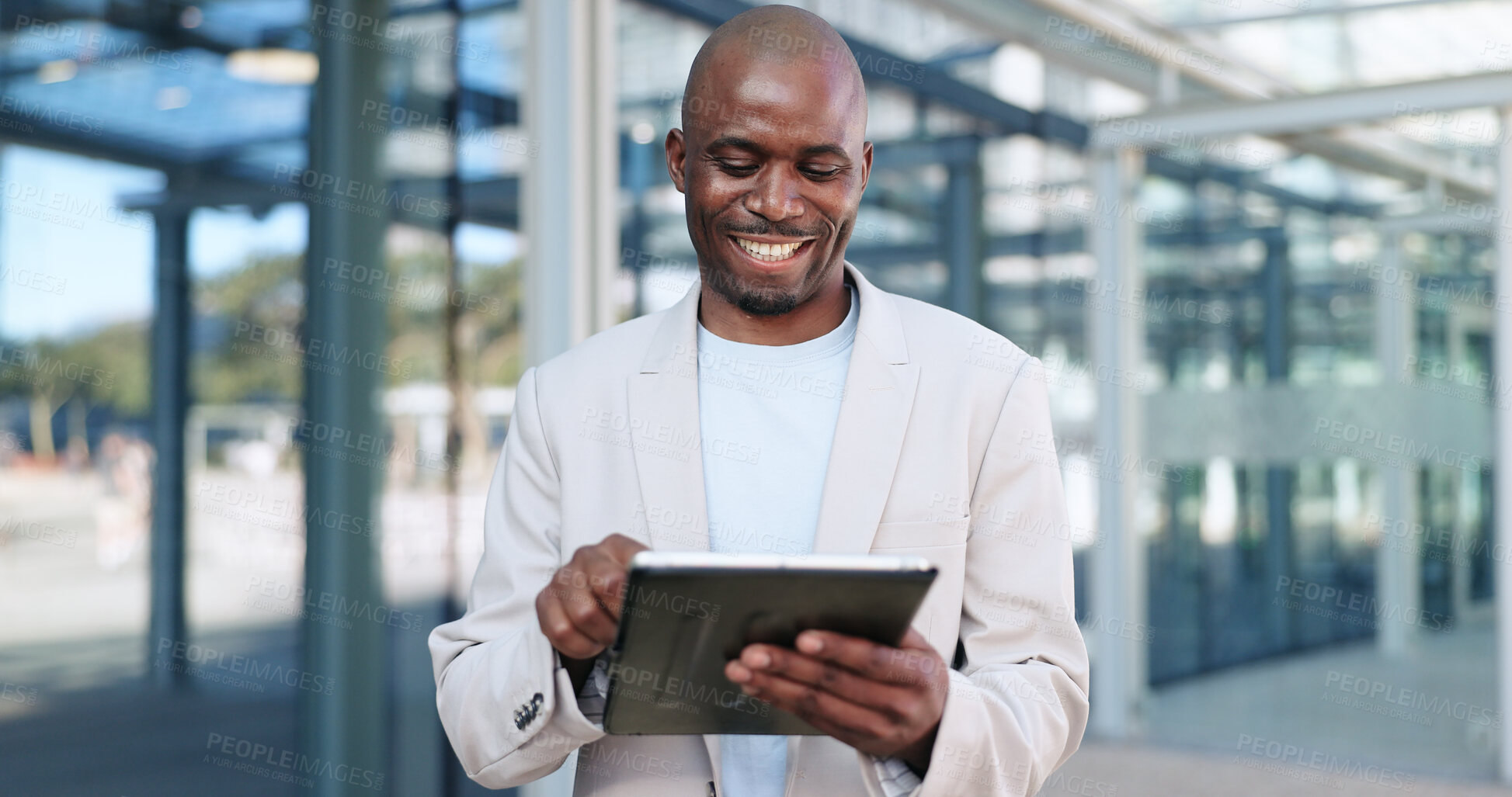 Buy stock photo Black man, tablet and typing in city, commute and online, digital and technology. Working, cape town and busy in urban area, office buildings and businessman for networking and checking email