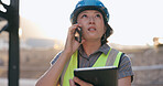 Woman, phone call and tablet, construction worker and inspection of building site for project management. Architecture, engineer and communication, Japanese contractor and digital blueprint outdoor