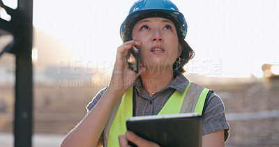 Woman, phone call and tablet, construction worker and inspection of building site for project management. Architecture, engineer and communication, Japanese contractor and digital blueprint outdoor