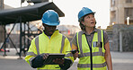 Construction worker, tablet and talking about engineering, contractor and factory logistics for planning. Asian worker, workforce and online data with conversation for project management and safety