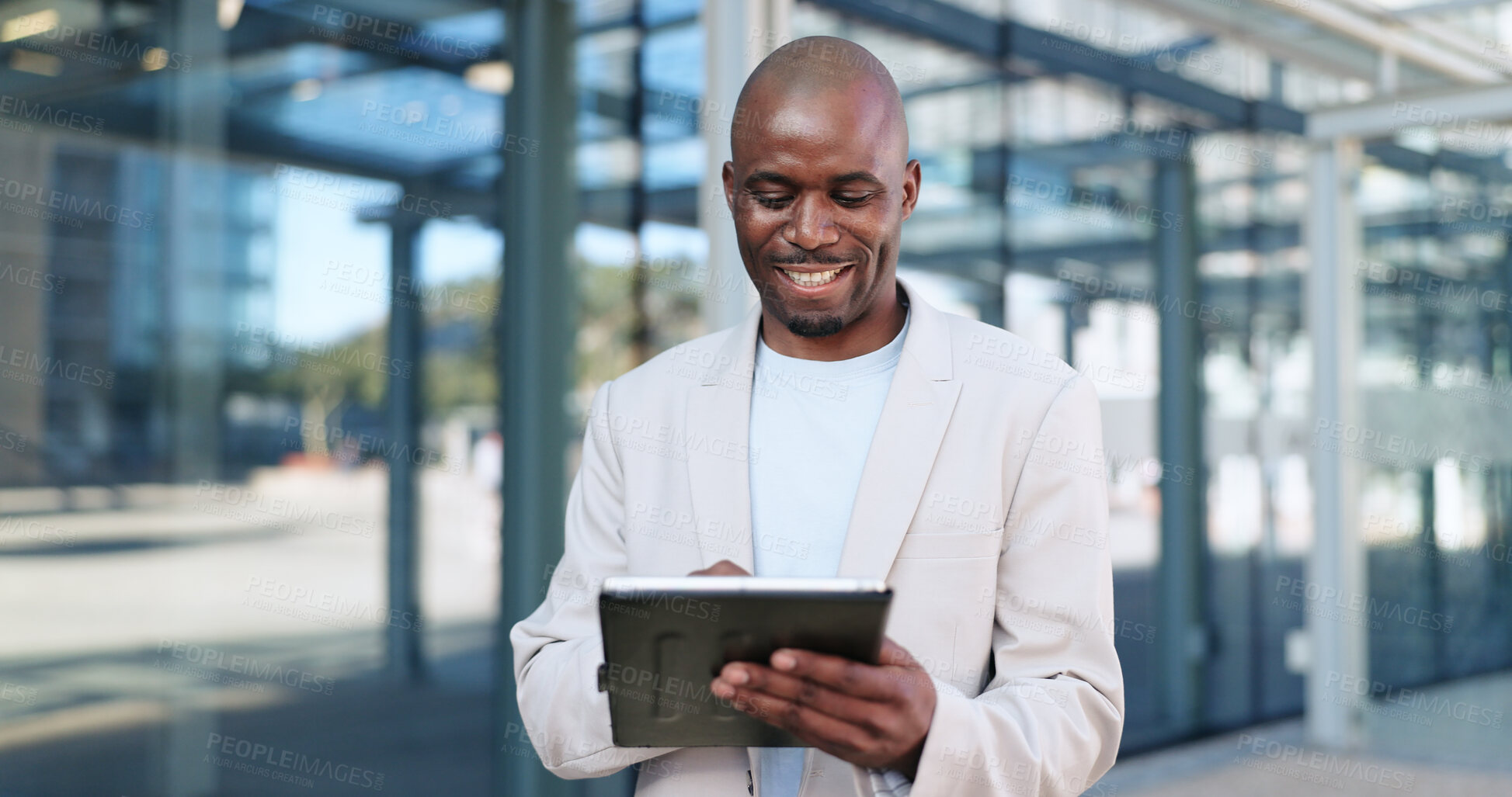 Buy stock photo Black man, tablet and typing in city, commute and online, digital and technology. Working, cape town and busy in urban area, office buildings and businessman for networking and checking email