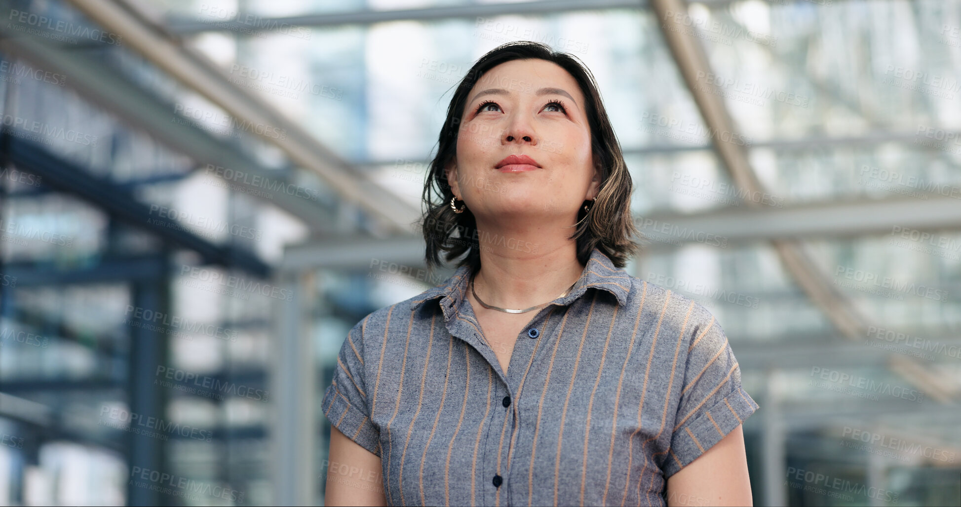 Buy stock photo Thinking, vision and asian woman in office building with career, idea or planning for questions. Goal, dream and business female entrepreneur at work with positive attitude, growth or confidence