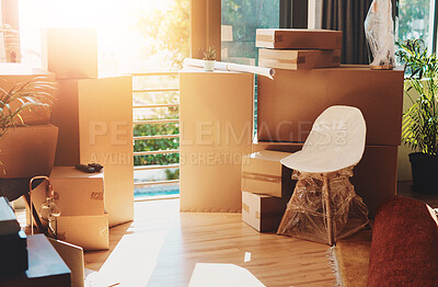 Buy stock photo Boxes, furniture and new home for moving into modern apartment, property or house with real estate. Background of living room, cardboard and decor for unpacking, boxing or relocation in New York, USA