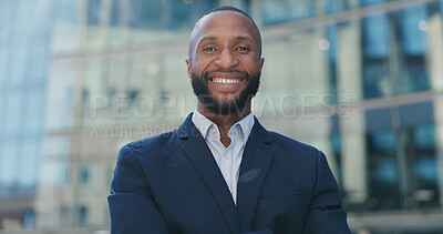 Black business man, face and city with smile, confidence and pride for career by office buildings. African person, corporate employee and outdoor on metro street for commute, travel and happy in town