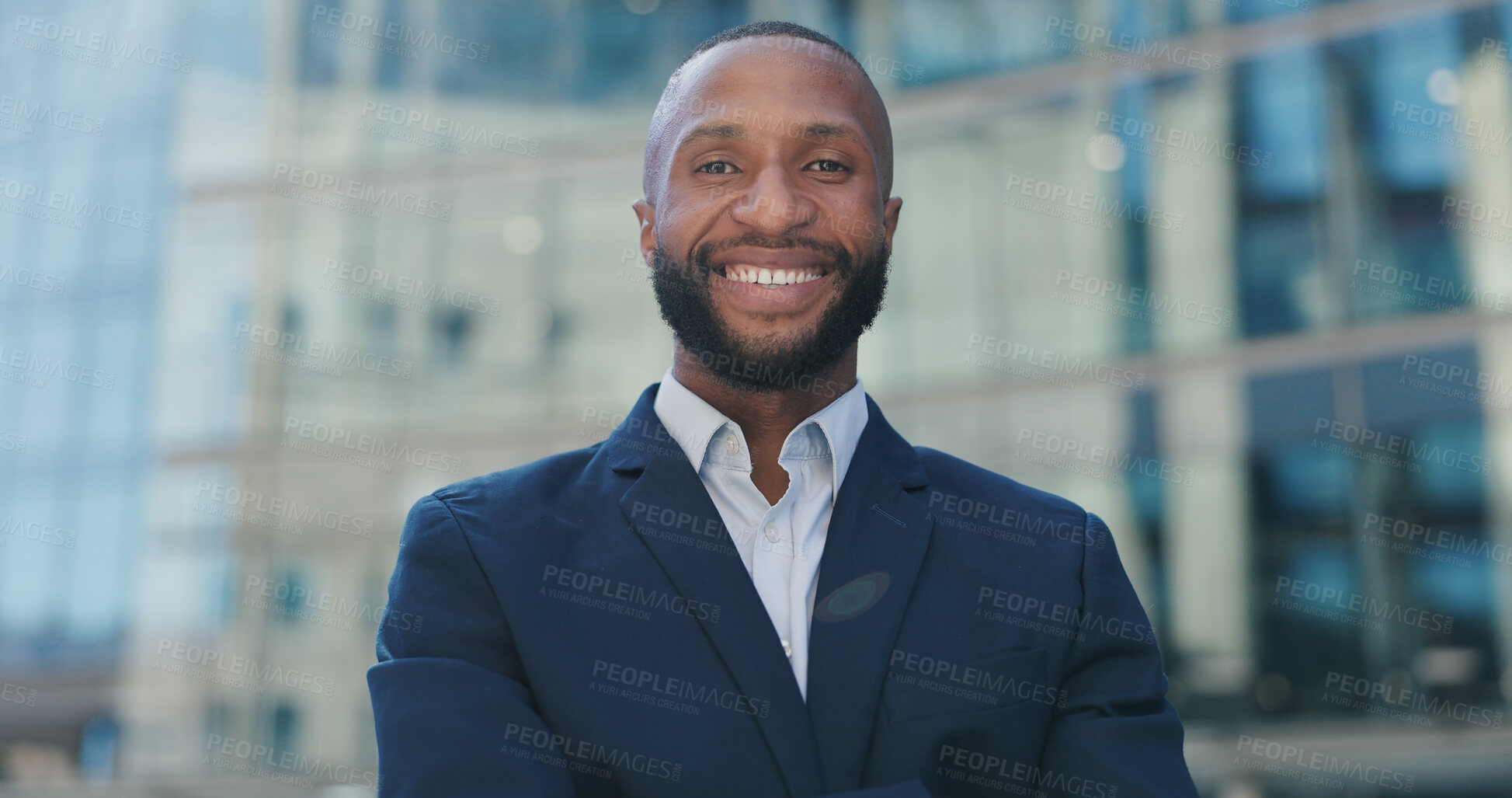 Buy stock photo Black business man, face and city with smile, confidence and pride for career by office buildings. African person, corporate employee and outdoor on metro street for commute, travel and happy in town