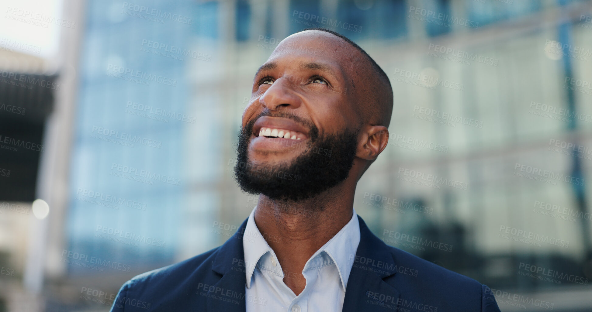 Buy stock photo Black business man, face and smile in street for confidence, pride or career by office buildings. African person, corporate employee and outdoor on metro sidewalk for commute, travel or happy in city