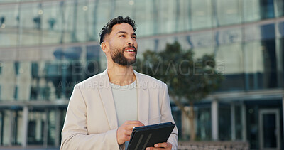 Happy, businessman and browsing with tablet for research, social media or networking outside corporate building. Man or employee with smile on technology for scrolling or online search in the city