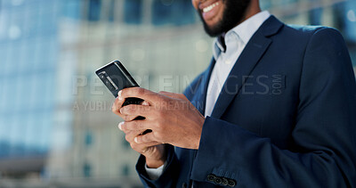 Businessman, hands and typing with phone in city for communication, social media or outdoor networking. Closeup of man or employee smile with mobile smartphone for online chatting or texting in town