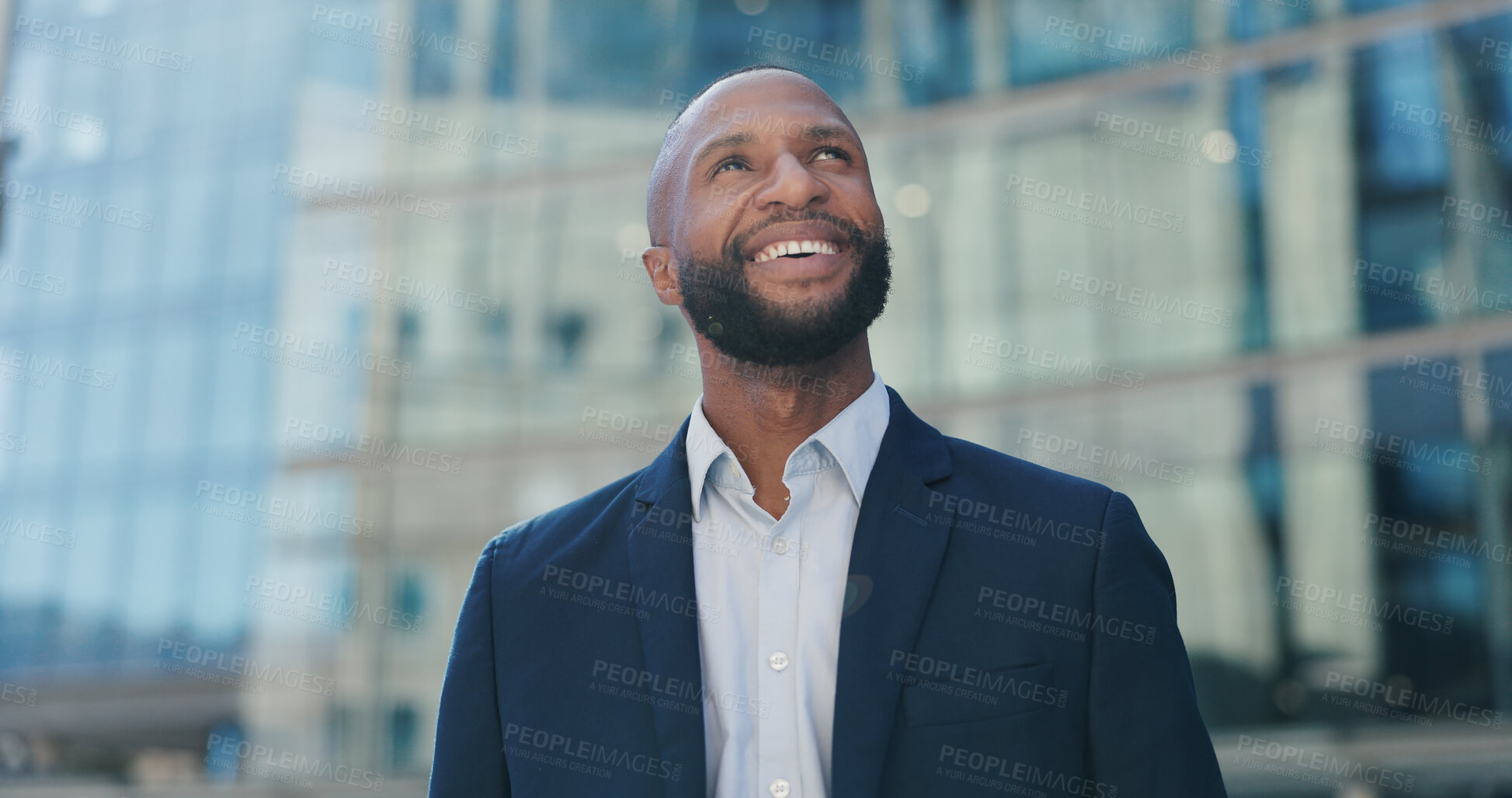 Buy stock photo Business man, thinking and ideas in city for career, job or legal opportunity outdoor by urban building. Professional worker or African lawyer with inspiration, thoughtful and vision for future plan