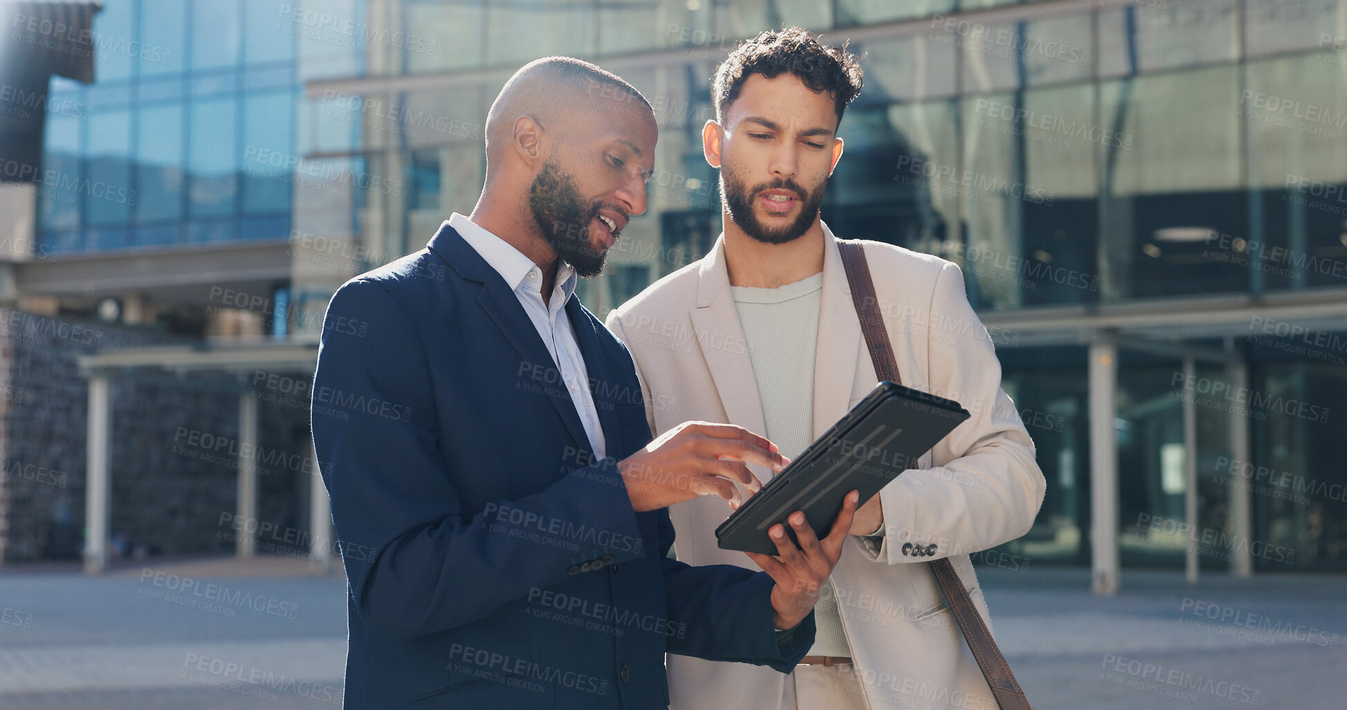 Buy stock photo Business men, tablet and talking in city on commute to work in metro with discussion, chat and walking. People, staff and employees with digital touchscreen, bag and advice with travel on sidewalk