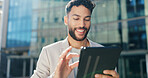 Happy, businessman and city with tablet for research, social media or networking outside corporate building. Man or employee with smile on technology for scrolling or online search in an urban town
