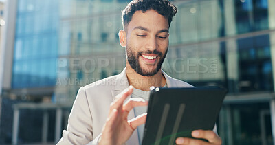 Happy, businessman and city with tablet for research, social media or networking outside corporate building. Man or employee with smile on technology for scrolling or online search in an urban town