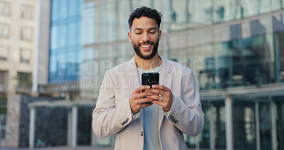 Phone, smile and happy businessman walking in a city with social media, scroll or web chat outdoor. Smartphone, travel and entrepreneur outside with app research, email or b2b client communication