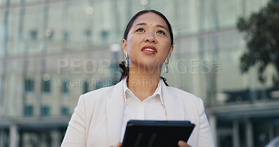 Buy stock photo City, tablet and thinking with business asian woman outdoor in summer for morning commute or research. Idea, internet and social media with confident young corporate employee in urban town for travel