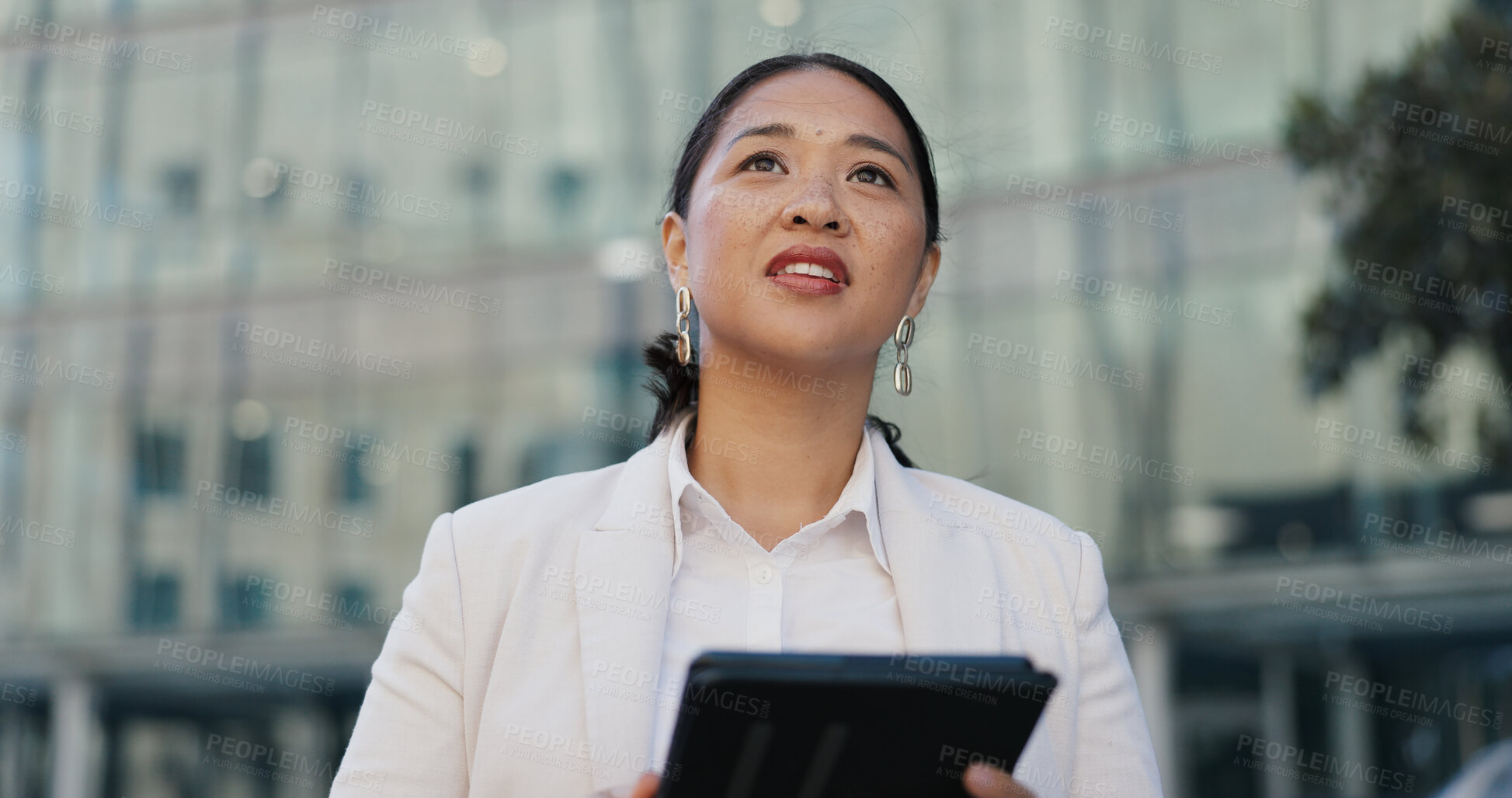 Buy stock photo City, tablet and thinking with business asian woman outdoor in summer for morning commute or research. Idea, internet and social media with confident young corporate employee in urban town for travel