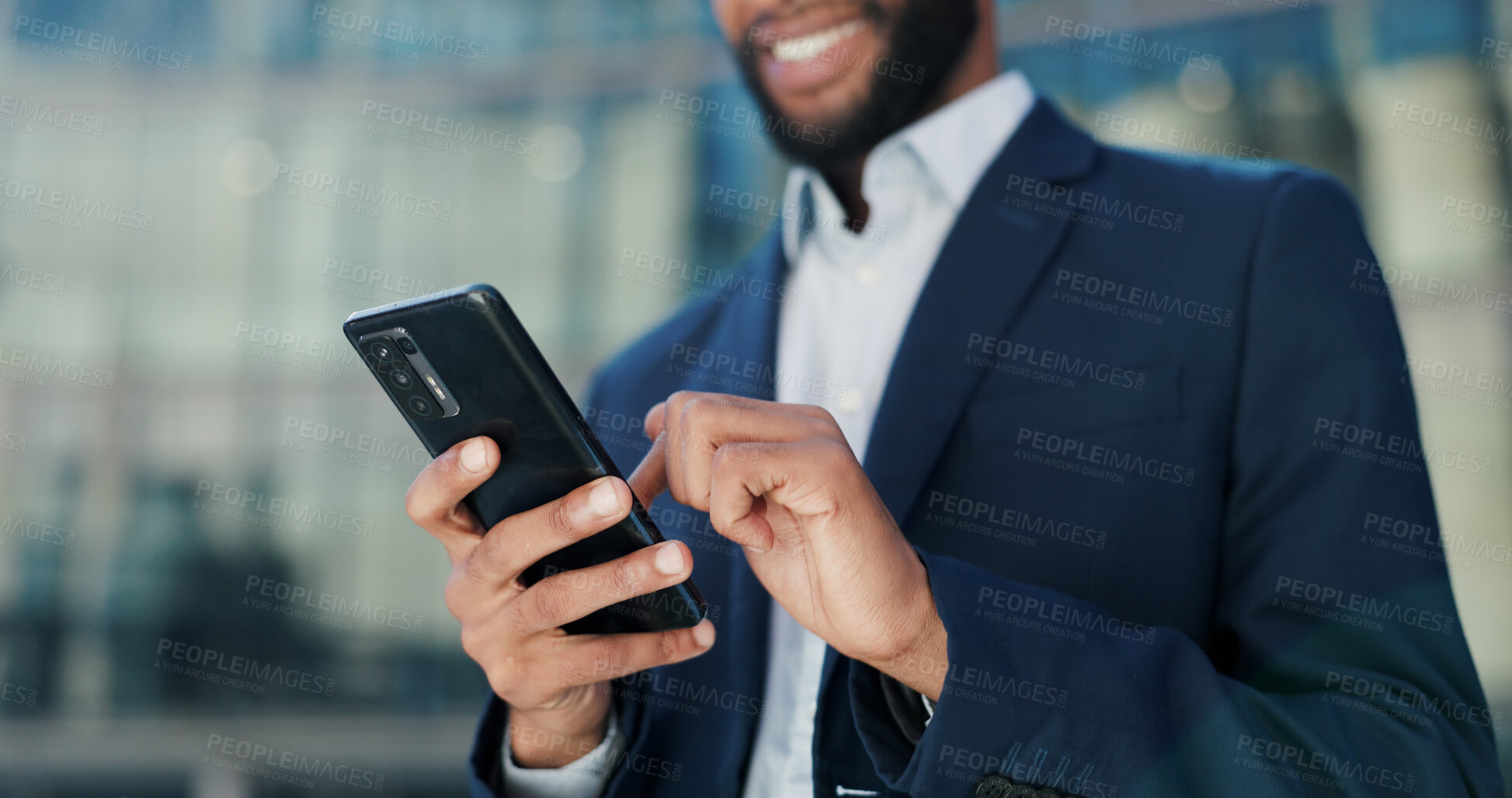 Buy stock photo Businessman, hands and typing with phone in city for communication, social media or outdoor networking. Closeup of man or employee smile with mobile smartphone for online chatting or texting in town