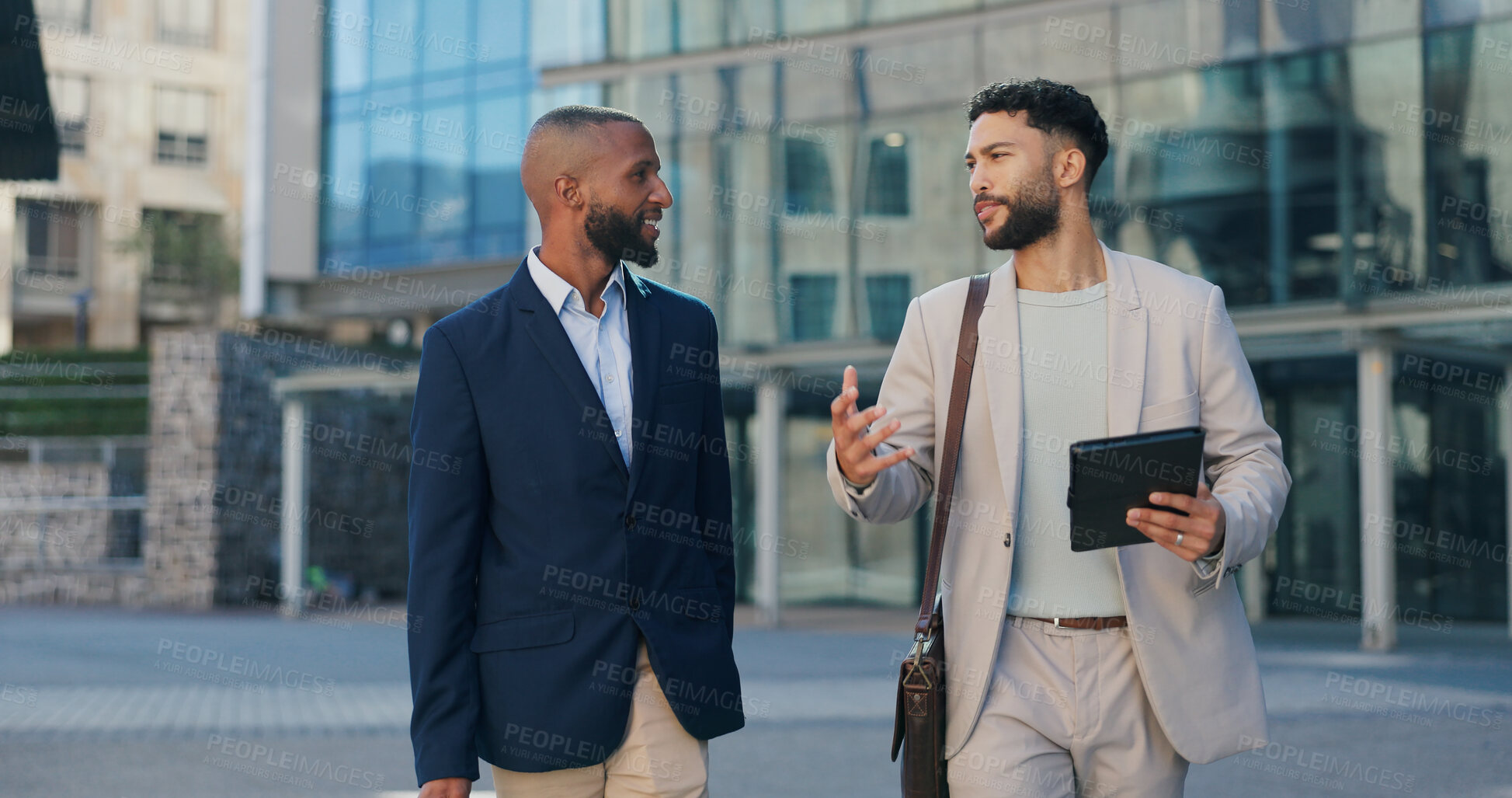 Buy stock photo Business men, tablet and talking in city on commute to work in metro with discussion, chat and walking. People, staff and employees with digital touchscreen, bag and advice with travel on sidewalk