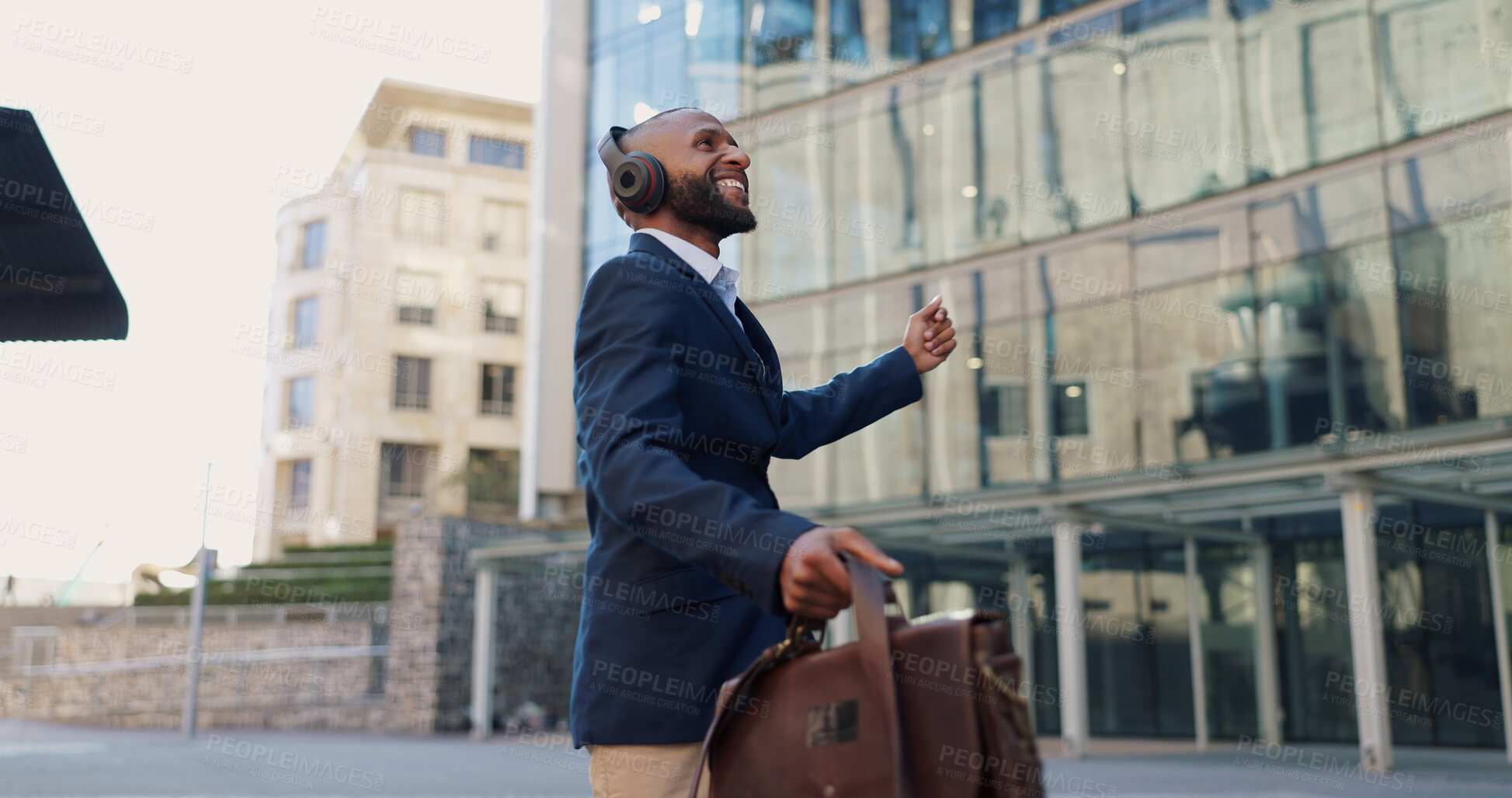 Buy stock photo Business man, dancing and headphones in city with smile, steps and spin with bag for commute by office buildings. Person, employee or excited dancer with music, briefcase or outdoor on metro sidewalk