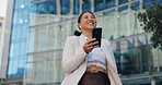 Happy woman, business and winning with phone in city for good news, celebration or surprise. Excited asian, female person or employee with smile on mobile smartphone for promotion in an urban town