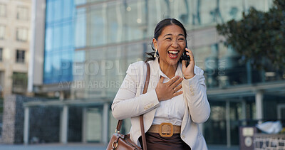 Excited woman, business and walking with phone call in city for good news, winning or surprise. Happy asian, female person or employee with smile on mobile smartphone for promotion in an urban town
