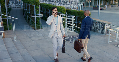 Business man, phone and texting in city with communication, networking and walking on metro sidewalk. Person, employee and smartphone on commute to workplace with contact on mobile app in urban town