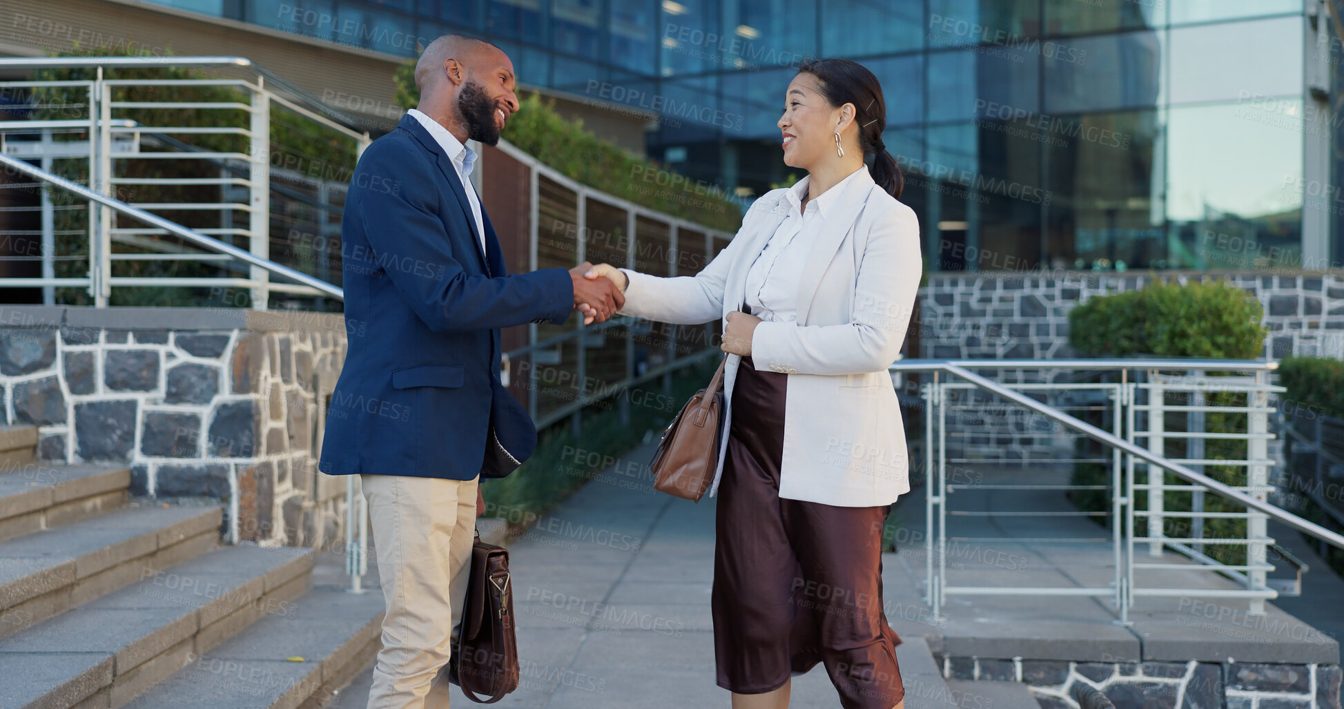 Buy stock photo Business people, group and conversation in city on walk for commute to workplace with questions by buildings. Men, woman and employees with bag, outdoor and discussion for travel on metro sidewalk