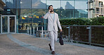 Business man, city and phone call with attorney briefcase and bag with networking and conversation. Urban, travel and morning commute with mobile communication and happy walking in town with tech