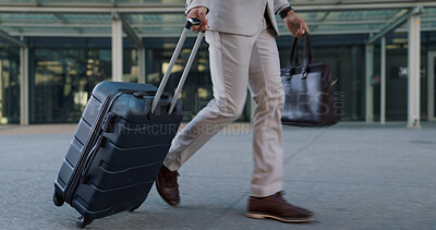 Late, running and luggage of business man in city with schedule and employee going to law firm meeting. Travel, professional and bag of an attorney with briefcase and hurry with urban commute in suit