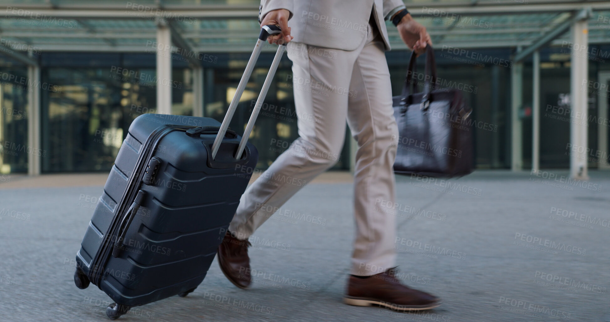 Buy stock photo Late, running and luggage of business man in city with schedule and employee going to law firm meeting. Travel, professional and bag of an attorney with briefcase and hurry with urban commute in suit