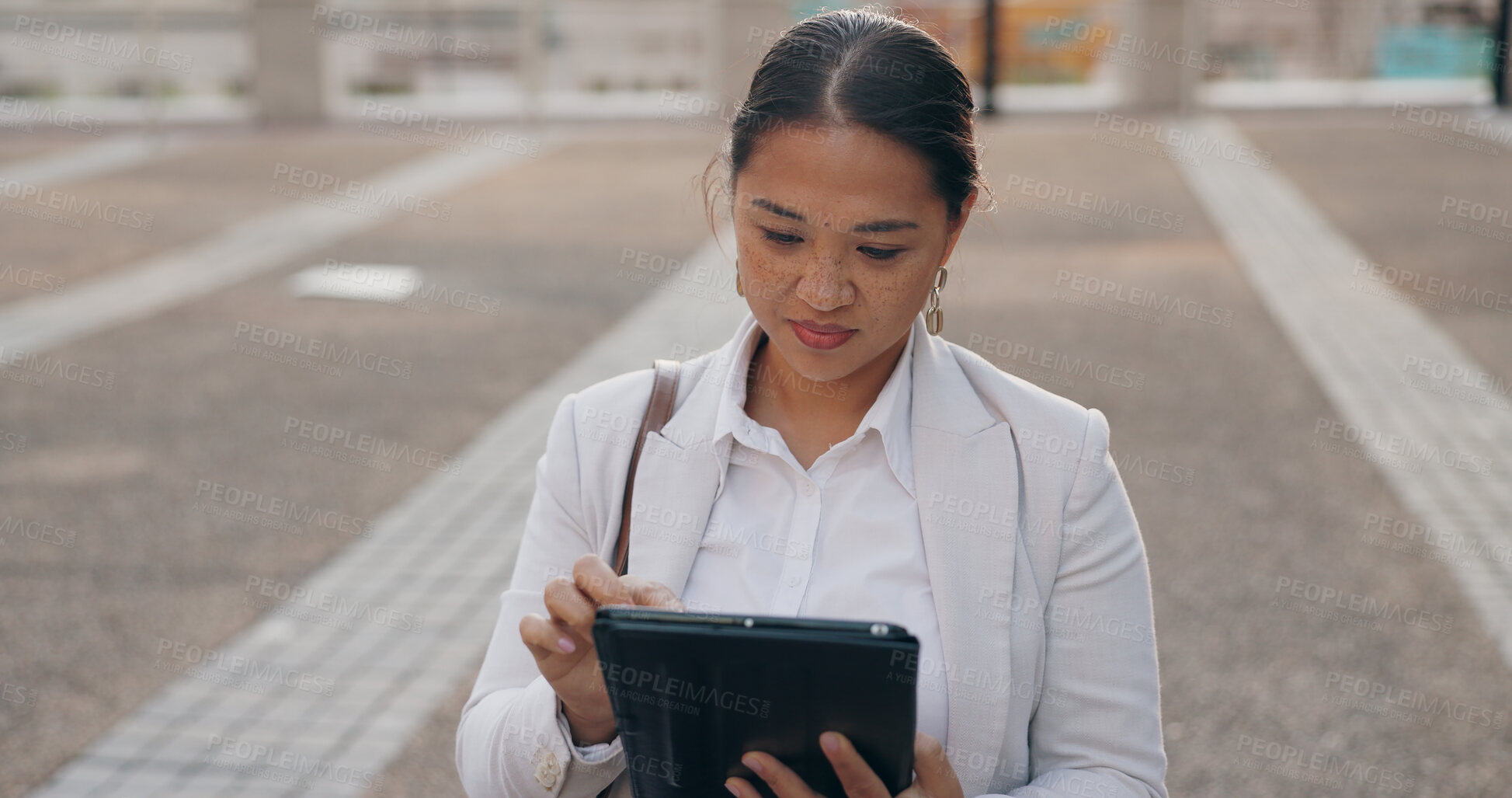 Buy stock photo Asian woman, business and browsing with tablet in city for research, social media or outdoor networking. Female person or employee with smile on technology for online search, web or internet in town