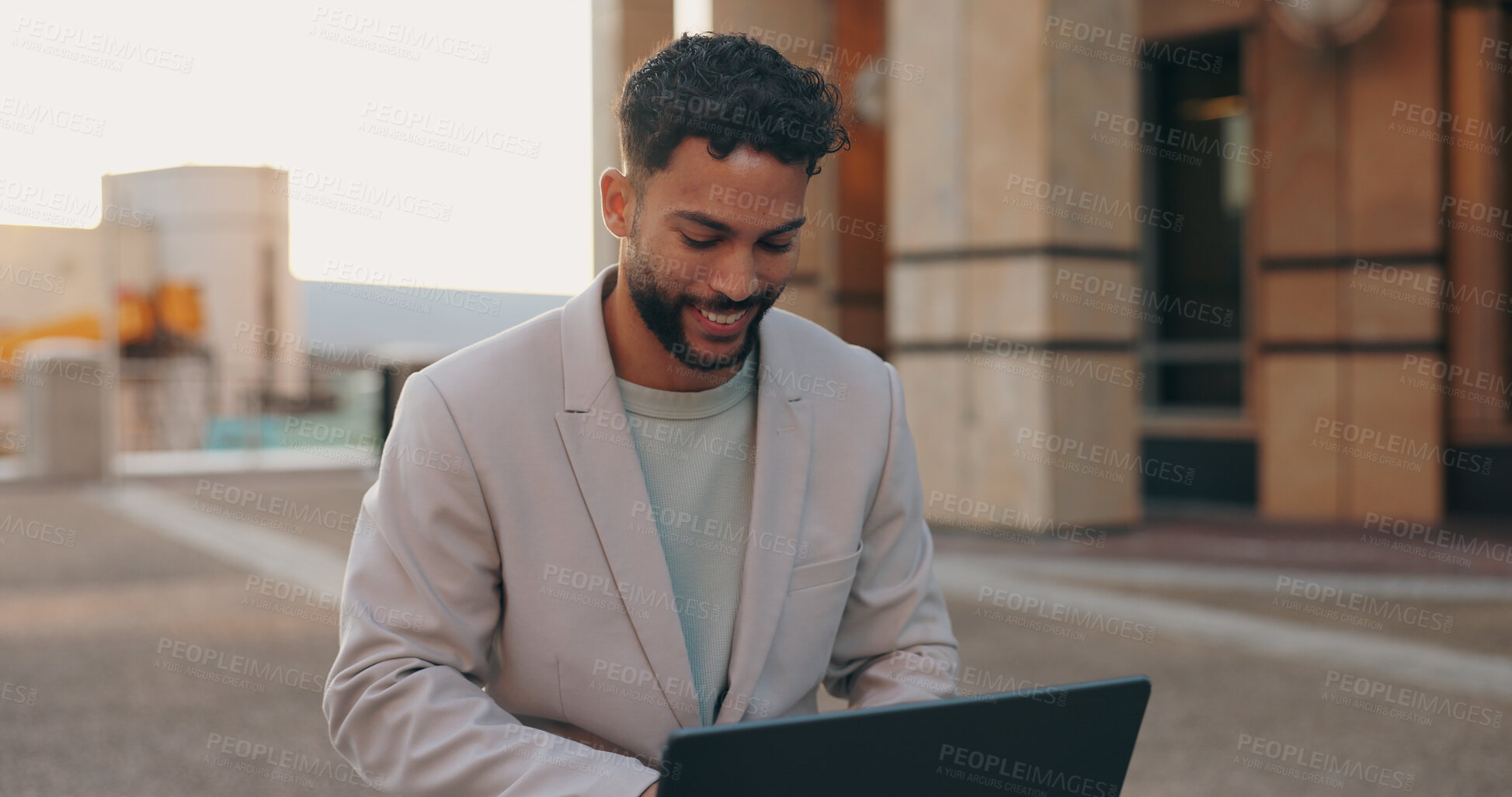 Buy stock photo Business man, laptop and typing in street for ideas, writing or report for remote work in metro, sidewalk or city. Person, computer and happy in freelance job with reading for creativity media agency