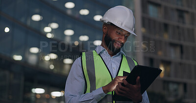 Buy stock photo Black man, engineer and city building with tablet for online inspection or safety protocol, architecture or late night. Male person, hardhat and construction project with deadline, internet or urban