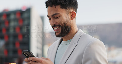 Phone, smile and happy businessman walking in a city with social media, scroll or web chat outdoor. Smartphone, travel and entrepreneur outside with app research, email or b2b client communication