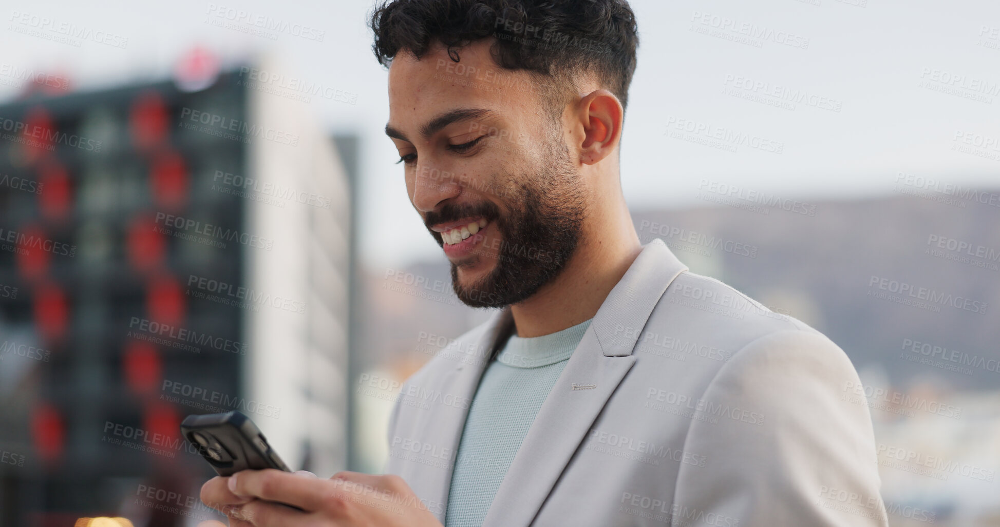 Buy stock photo Phone, smile and happy businessman walking in a city with social media, scroll or web chat outdoor. Smartphone, travel and entrepreneur outside with app research, email or b2b client communication