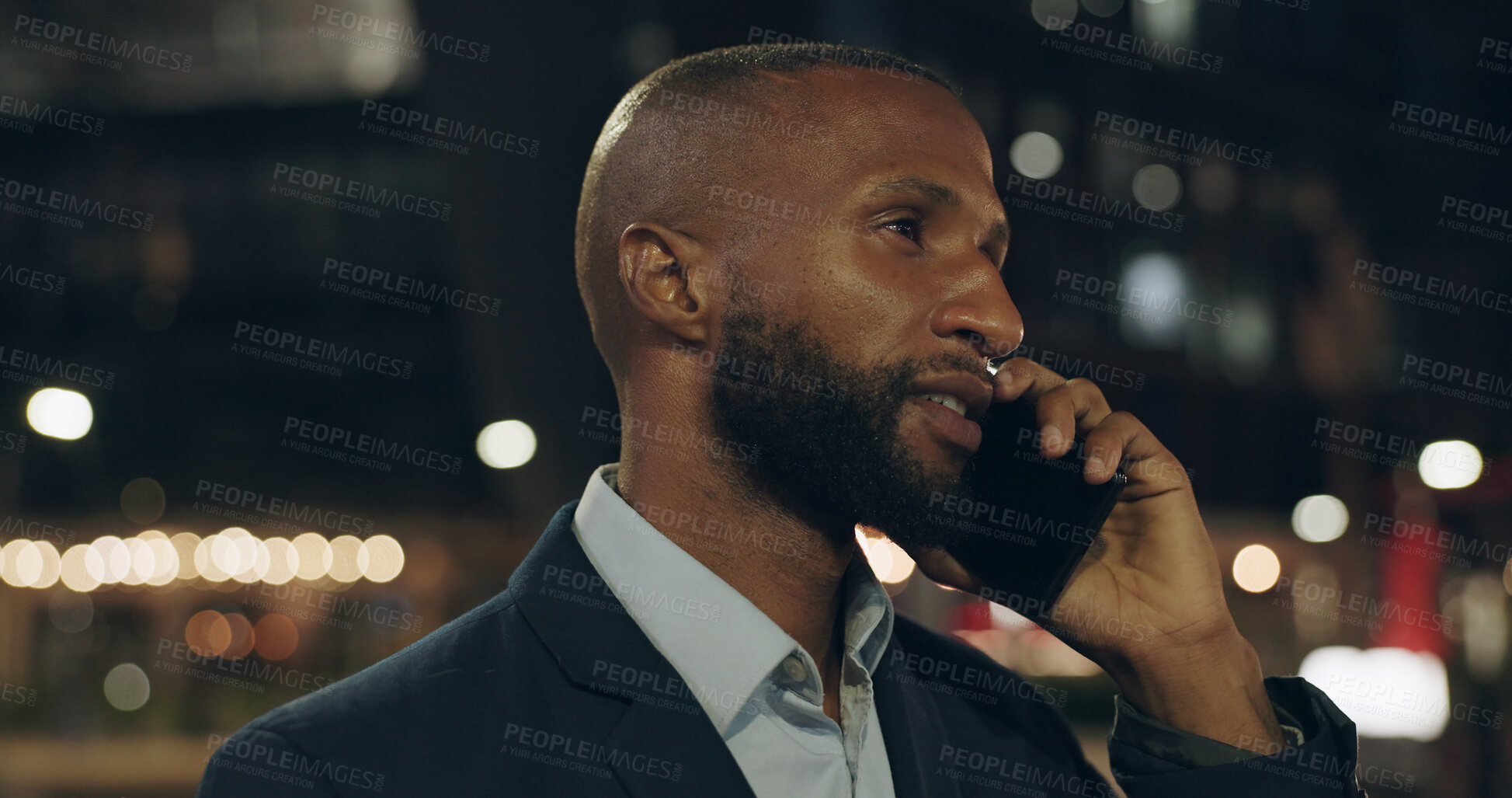 Buy stock photo Happy, businessman and city with phone call for conversation, communication or chat outside building. Outdoor, young man or employee with smile on mobile smartphone for friendly business discussion