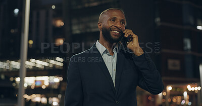 Happy, businessman and city with phone call for conversation, communication or chat outside building. Outdoor, young man or employee with smile on mobile smartphone for friendly business discussion