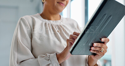 Business woman, tablet and hands for typing in modern office with communication, vision and networking. Person, touchscreen and click with thinking, application and problem solving in workplace
