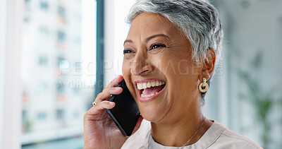 Mature business woman, phone call and window with smile in modern office for communication, vision and networking. Person, smartphone and happy with thinking, talking or contact for deal in workplace