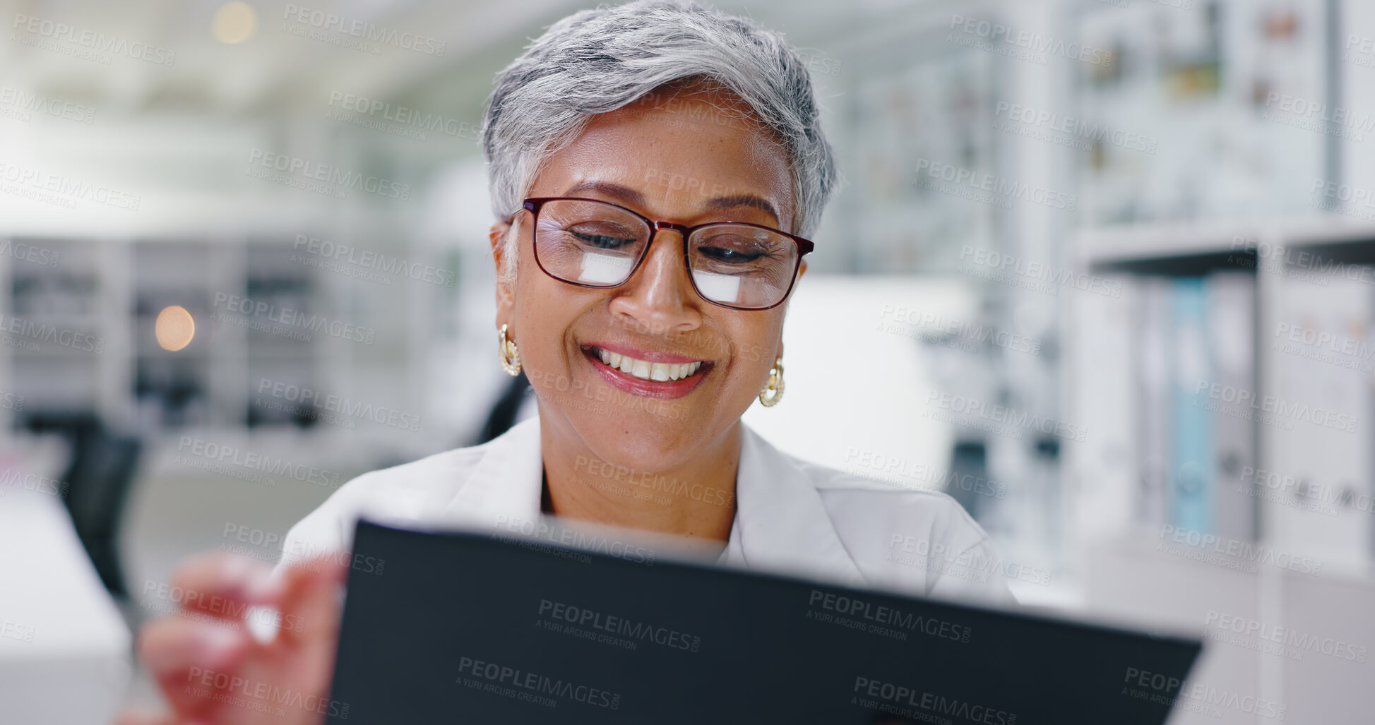 Buy stock photo Woman, tablet and smile in lab for medical research with internet for futuristic innovation, breakthrough or report. Mature person, online and healthcare project in India or biotech, chemistry or web